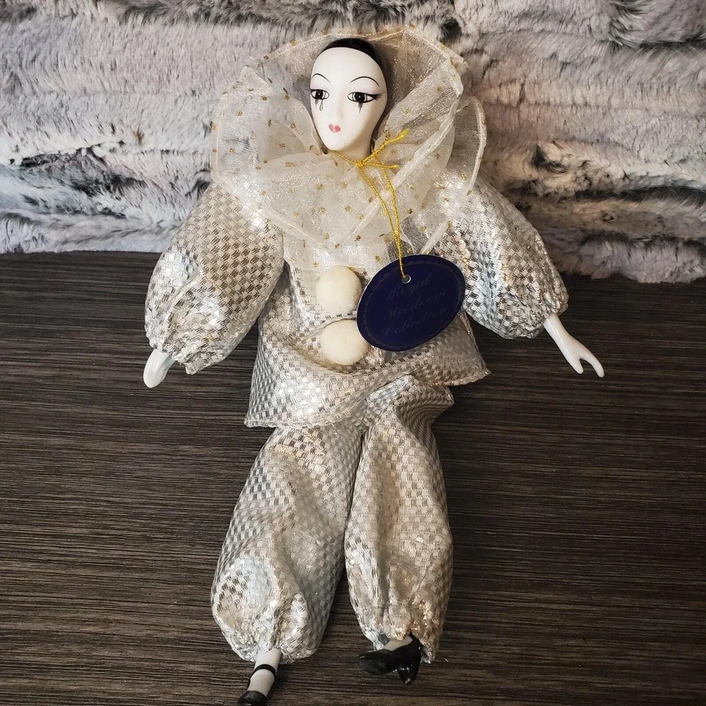 Royal Heirloom Collection 10 in Porcelain Clown Doll Shiny Silver Ruffled Suit